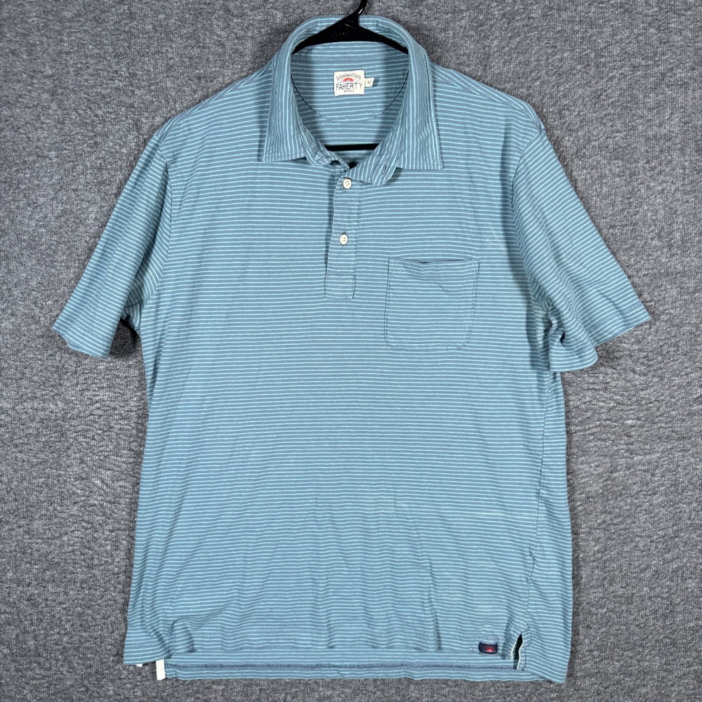 Faherty Polo Shirt Mens XL Blue Striped Short Sleeve Isle Feeder Pocket Cotton